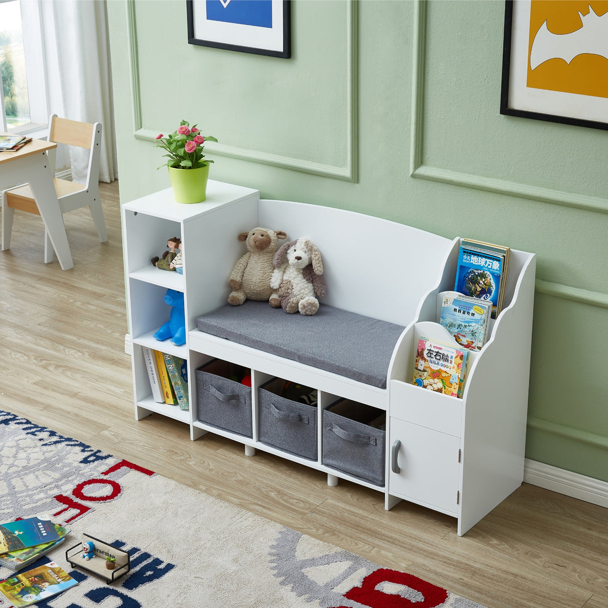 All 4 Kids Theodore White Book Case with Storage and Cushion
