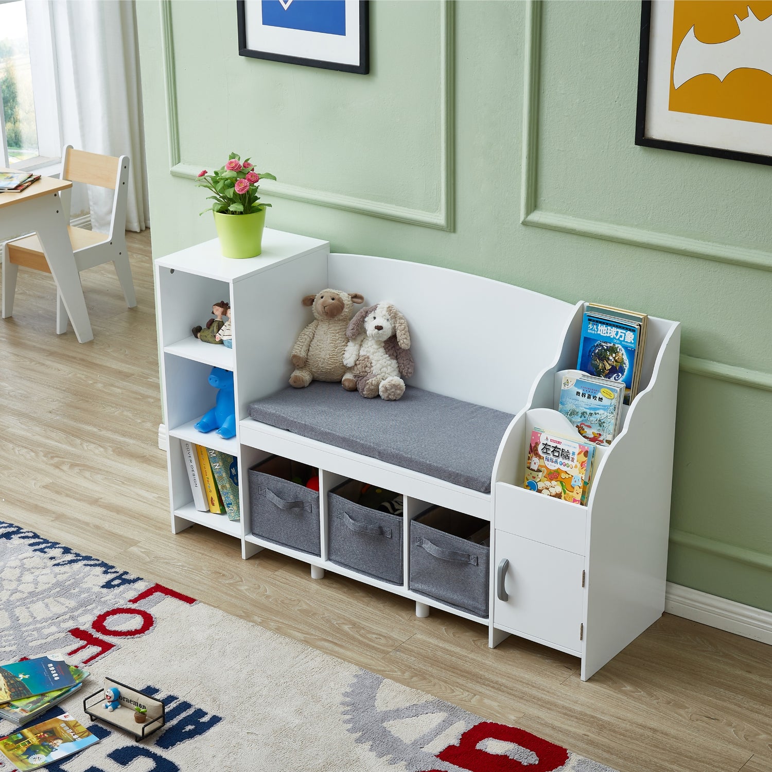 All 4 Kids Theodore White Book Case with Storage and Cushion
