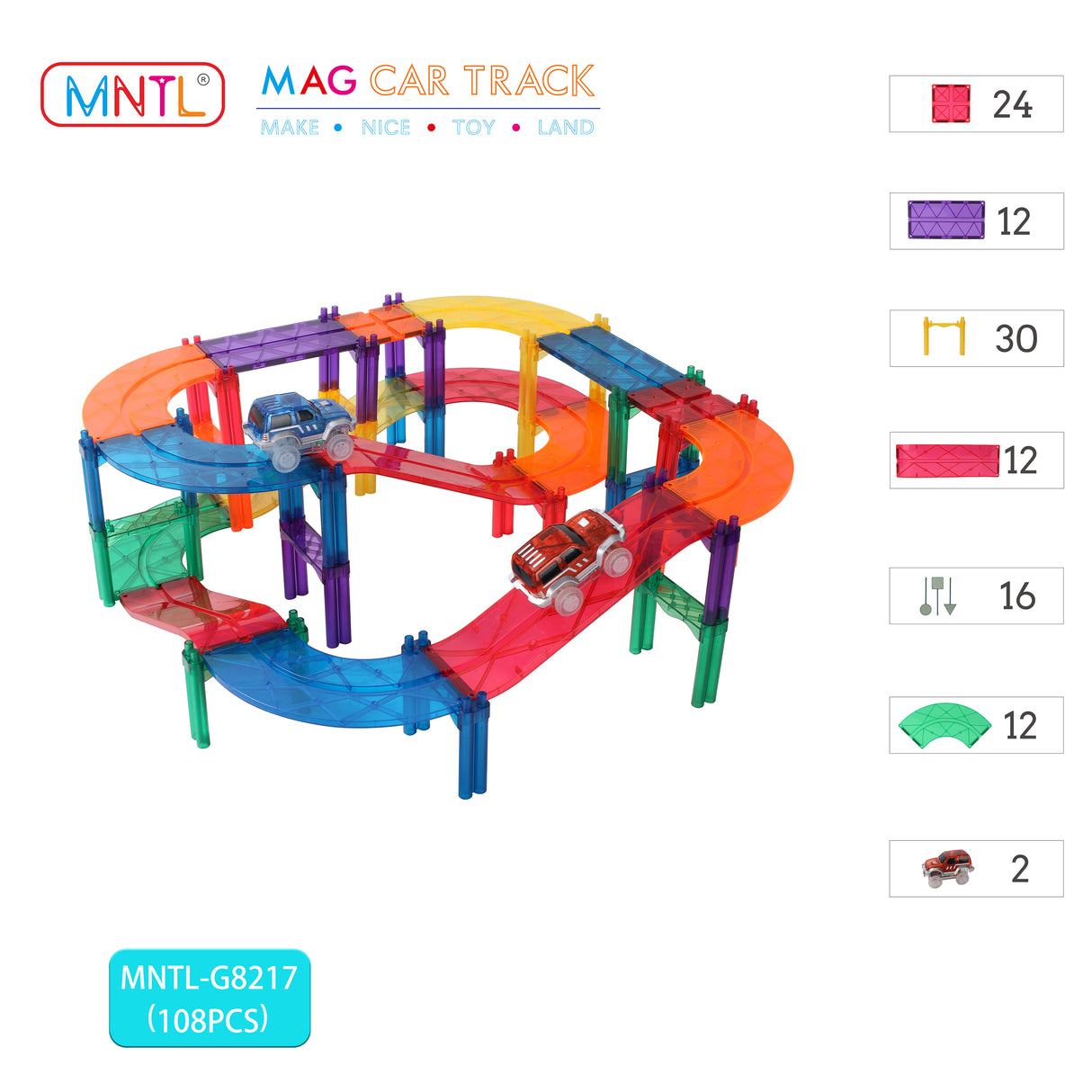 MNTL Classic Magnetic Car Track Set 108 Pcs