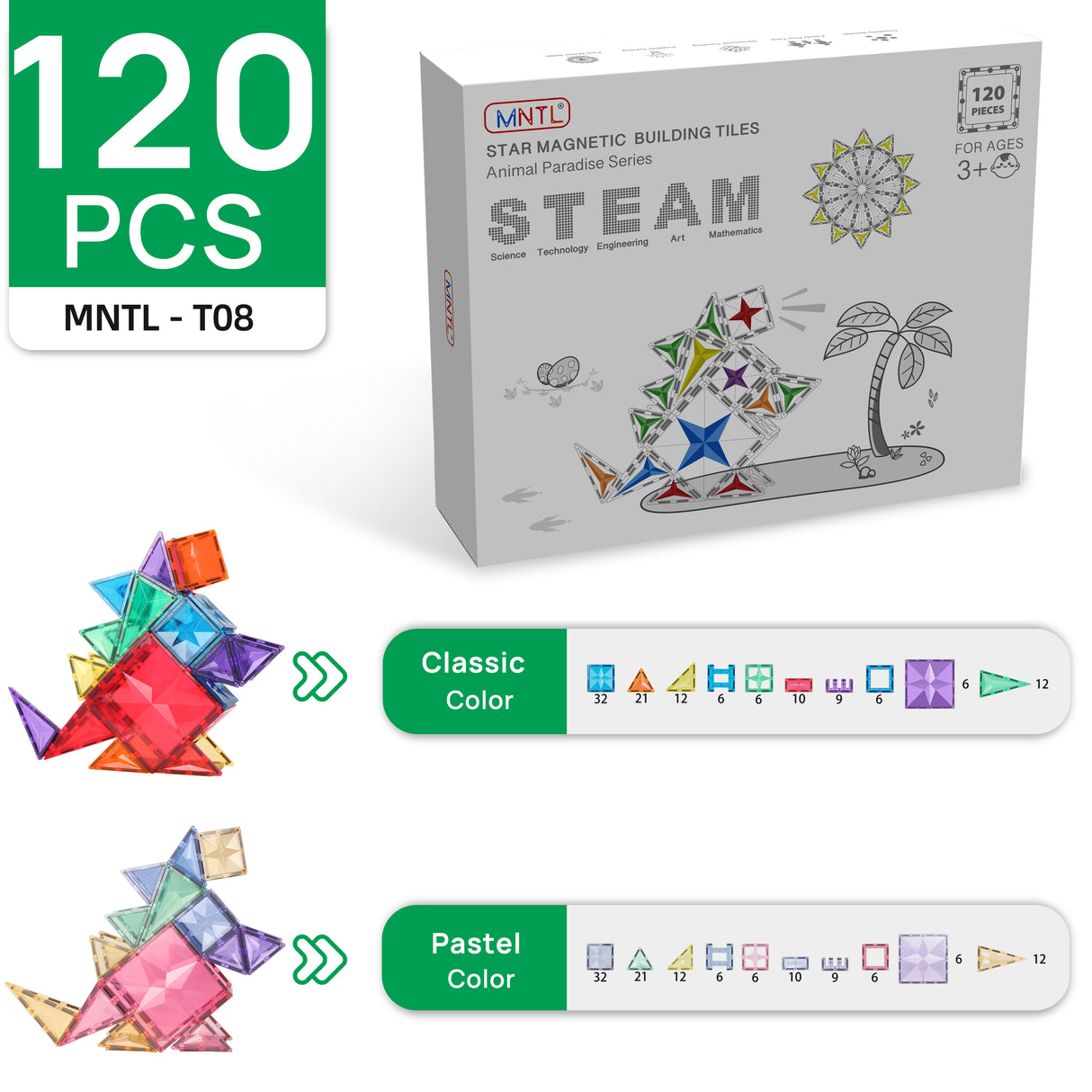 MNTL Pastel Star Magnetic Tile 120 Pcs Set