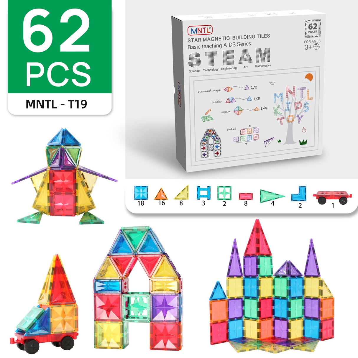 MNTL Classic Basic Teaching Aids Magnetic Tile Set 62 Pcs