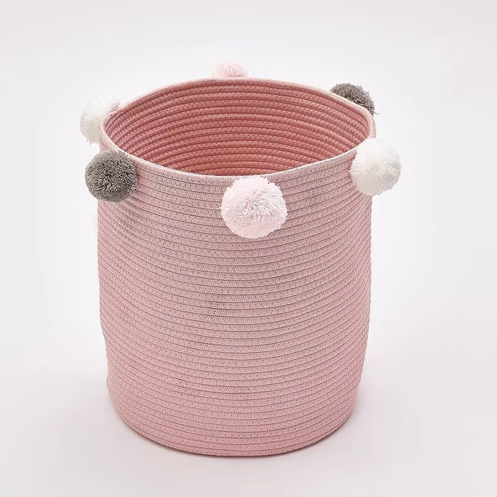 All 4 Kids Cotton Woven Storage Basket with Pom Poms - Pink