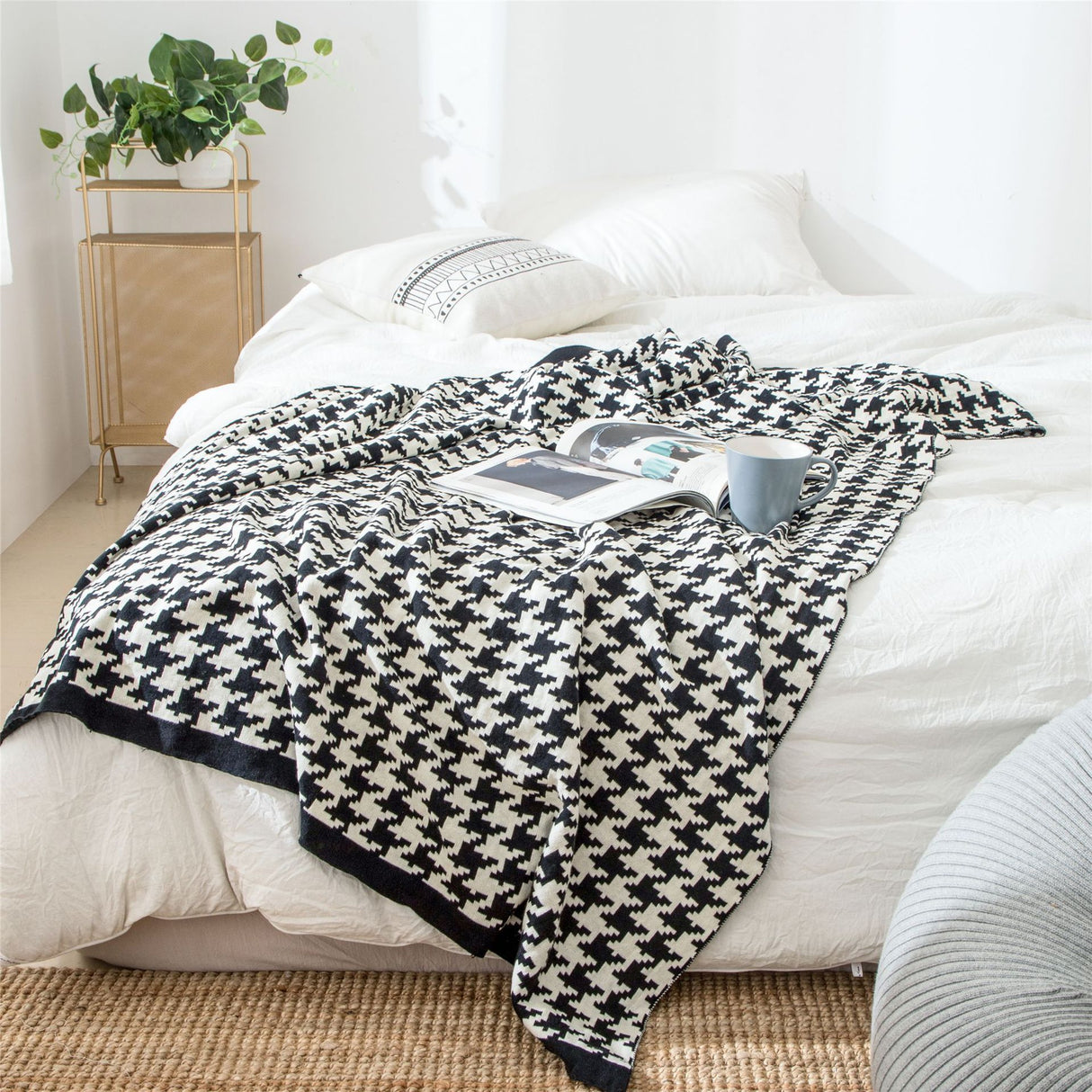 All 4 Kids Houndstooth Soft Pattern Knitted Throw Blanket