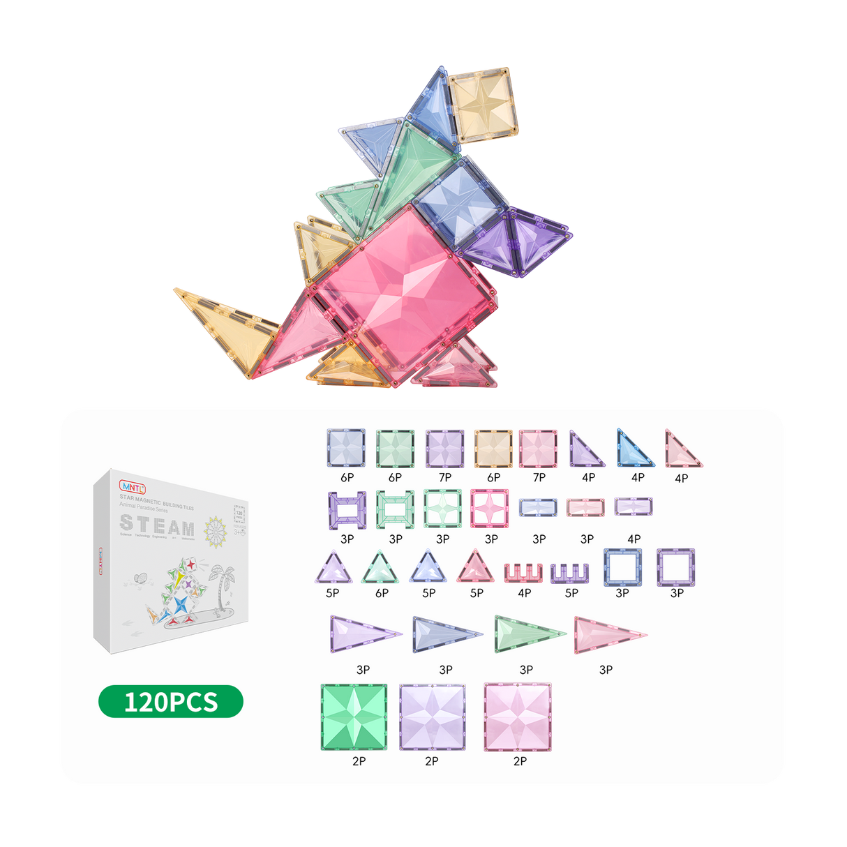 MNTL Pastel Star Magnetic Tile 120 Pcs Set