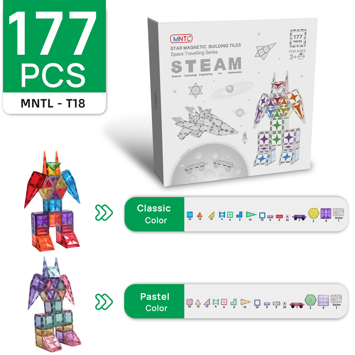 MNTL Classic Space Travelling Magnetic Tile Set 177 Pcs