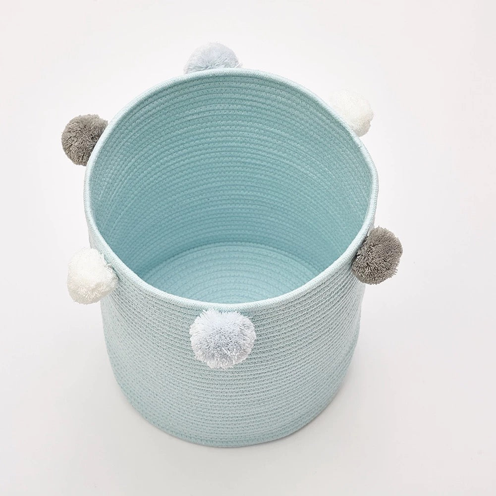 All 4 Kids Cotton Woven Storage Basket with Pom Poms - Blue