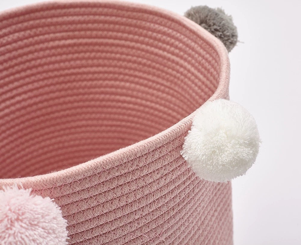 All 4 Kids Cotton Woven Storage Basket with Pom Poms - Pink
