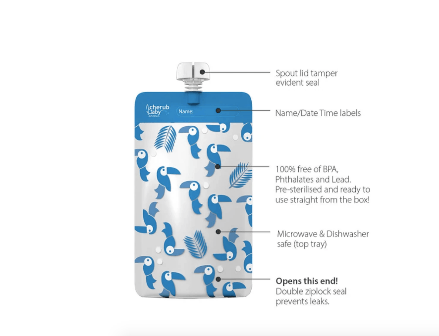 Cherub Baby On the Go Reusable Food Pouch Minis - Toucan Blue & Rainforest Green 10pk