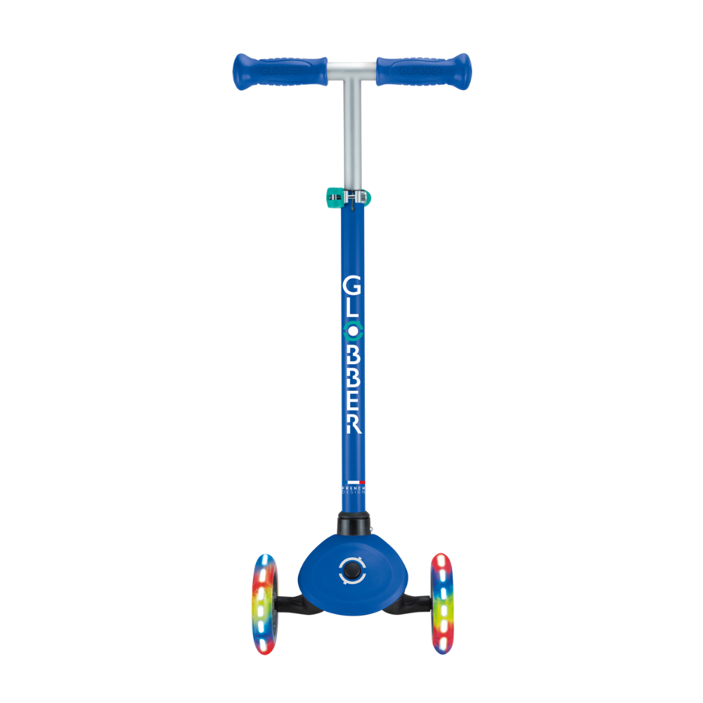 Globber Primo V2 Scooter with Lights and Griptape - Navy Blue/ Emerald Green