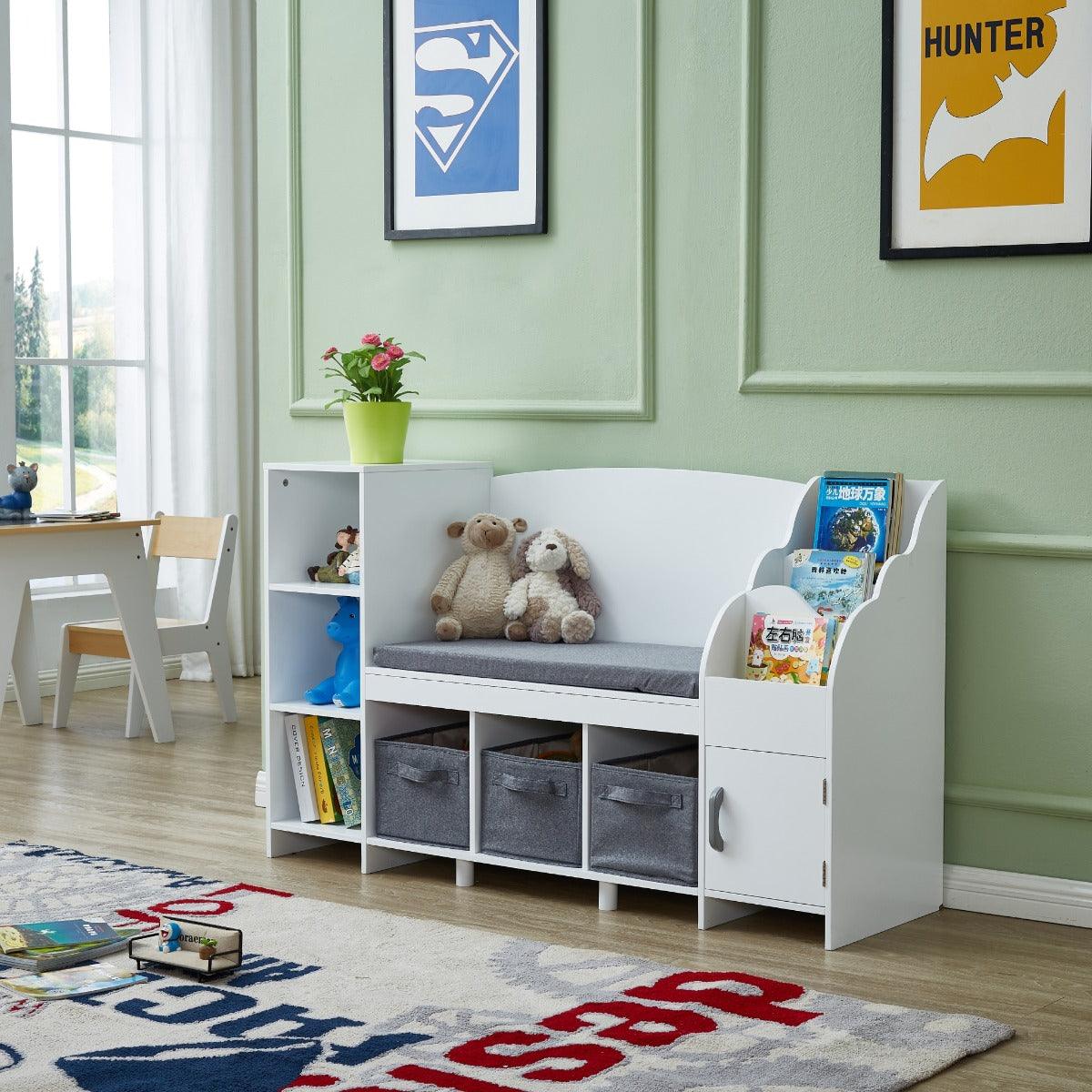 ALL 4 KIDS Theodore White Book Case with Storage and Cushion