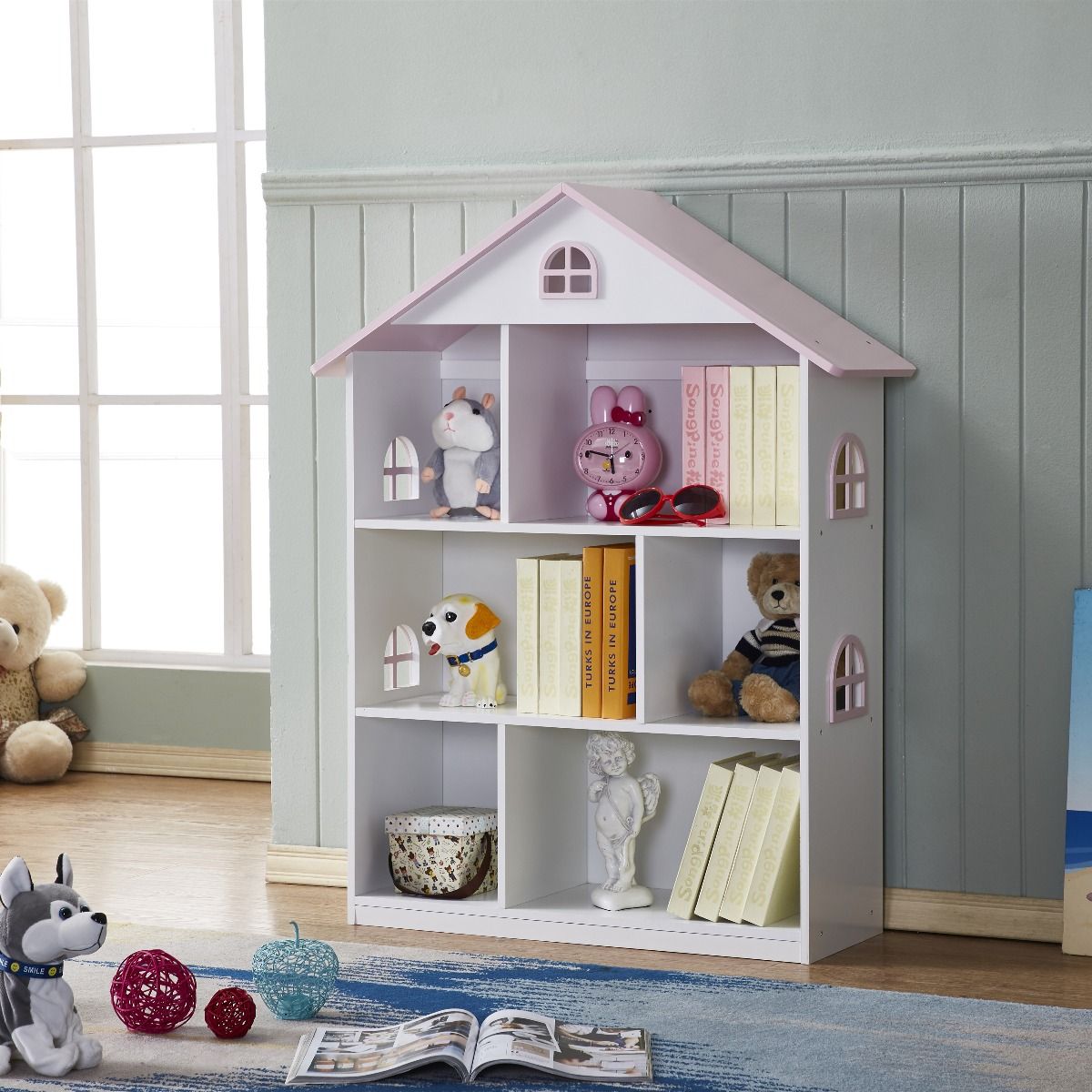 ALL 4 KIDS Veronica Girls‘s Pink Roof Dollhouse Bookcase