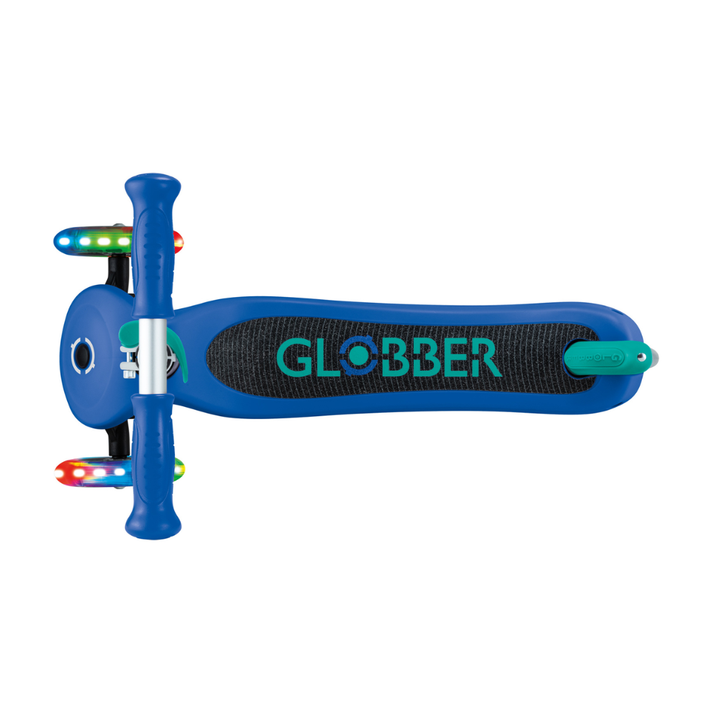 Globber Primo V2 Scooter with Lights and Griptape - Navy Blue/ Emerald Green