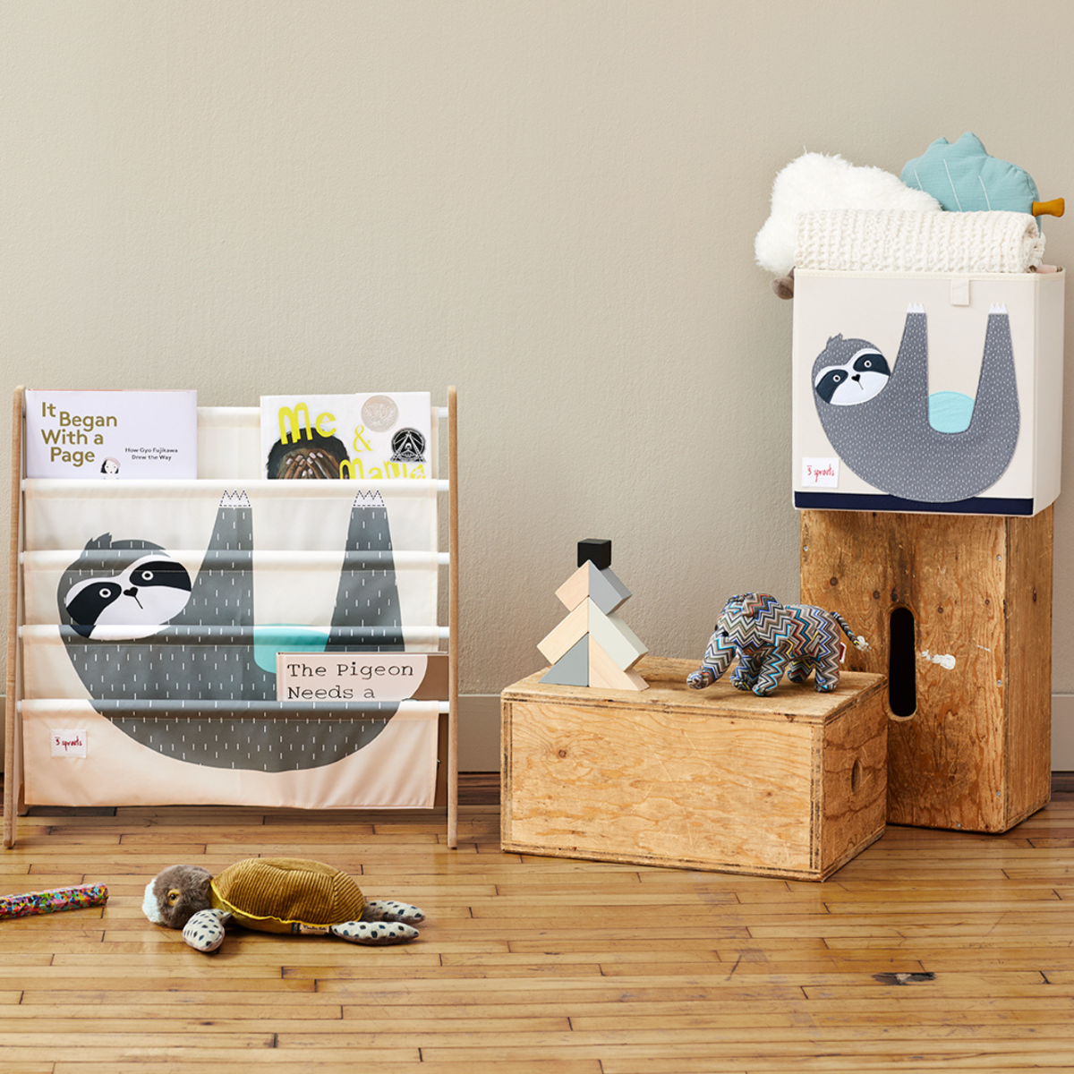 3 Sprouts Fabric Storage Box - Grey Sloth