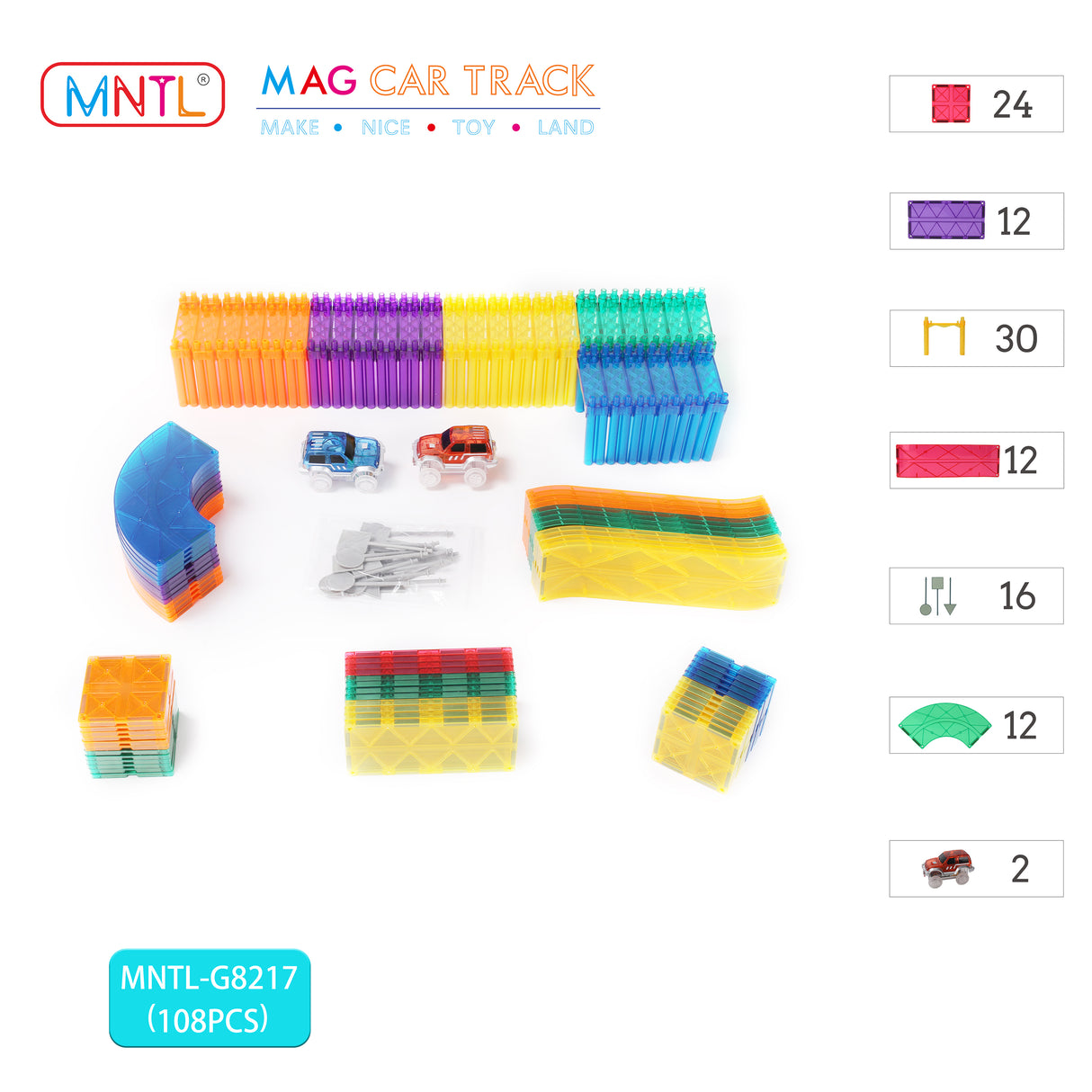 MNTL Classic Magnetic Car Track Set 108 Pcs