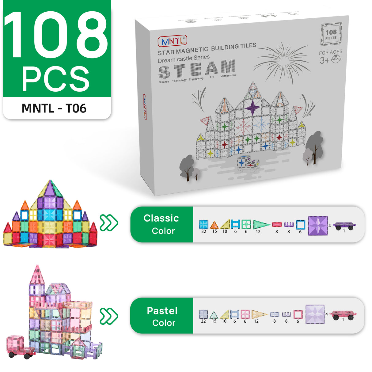MNTL Pastal Magnetic Tile 108 Pcs