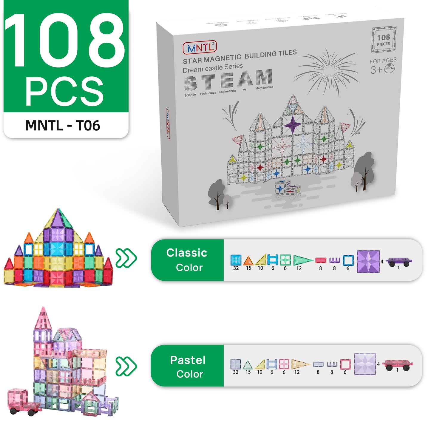 MNTL Pastal Magnetic Tile 108 Pcs