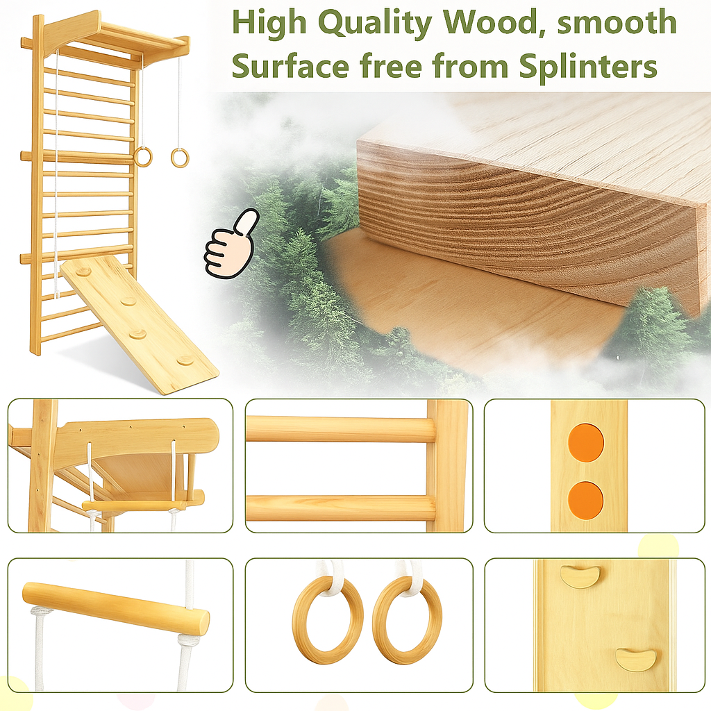 All 4 Kids Colton Wall Mounted Wooden Indoor Gym Set