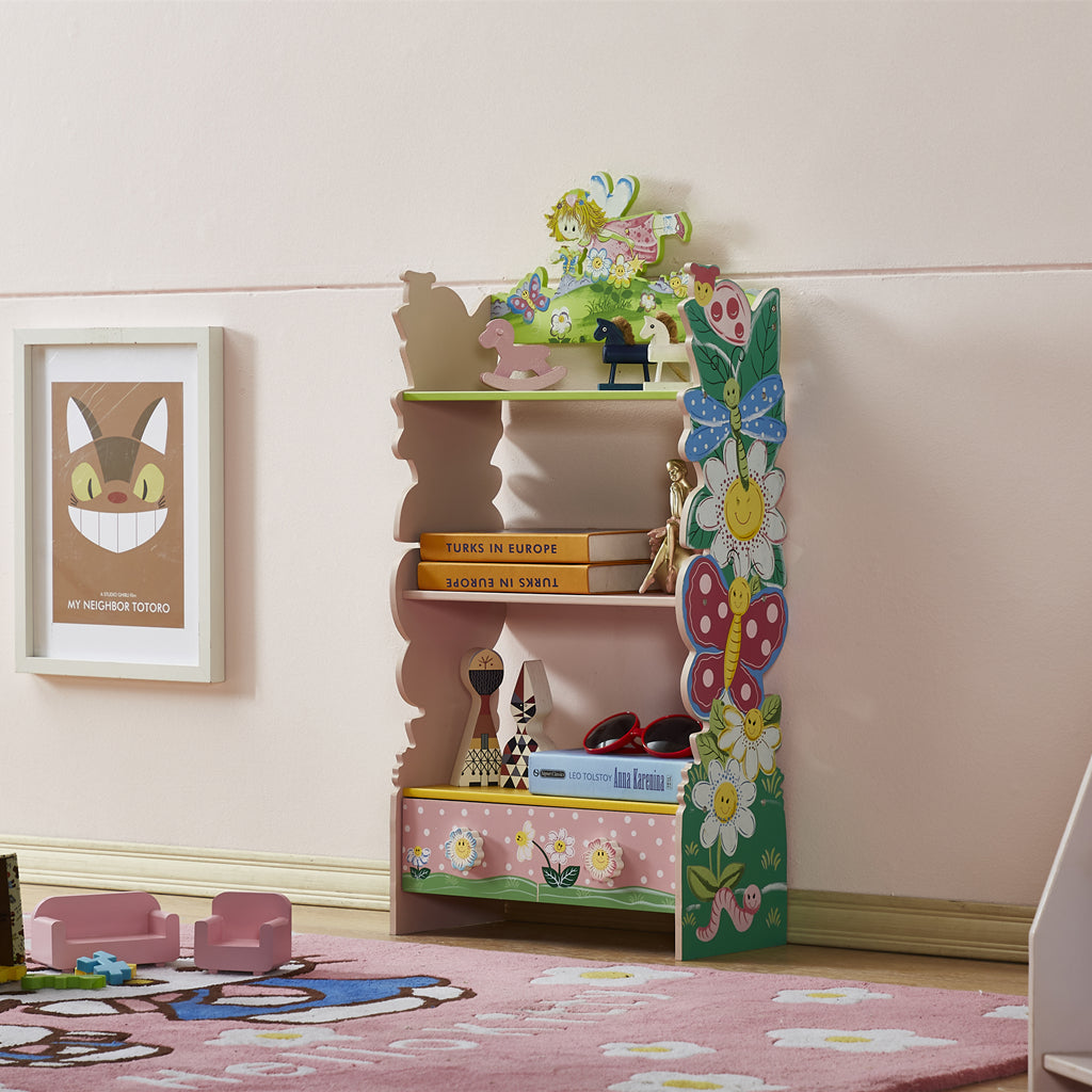 ALL 4 KIDS Olivia the Fairy Girls Hand Painted 3 Tier Flower Bookcase with Drawers