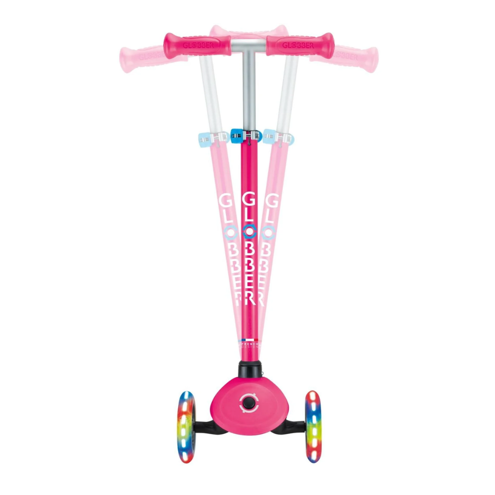 Globber Primo PLUS Scooter with Lights - Fuchsia Pink / Sky Blue
