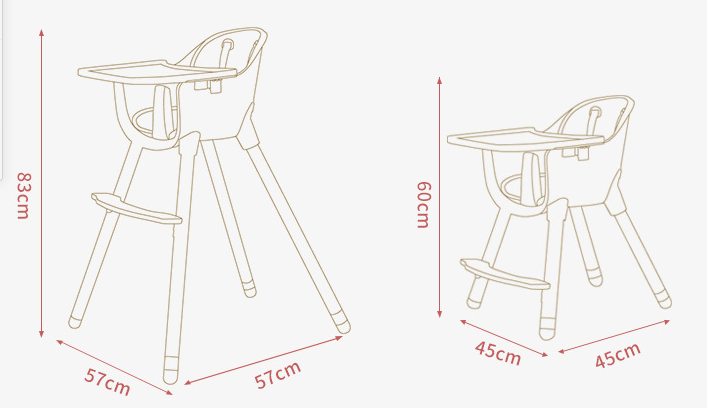 JOY  BABY Amelia Grey 2-in-1 Timber Highchair Dimension Display