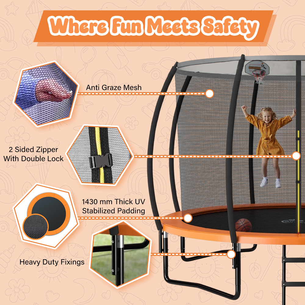ALL 4 KIDS 10 FT Jump Zone Spring Trampoline with Basketball Board