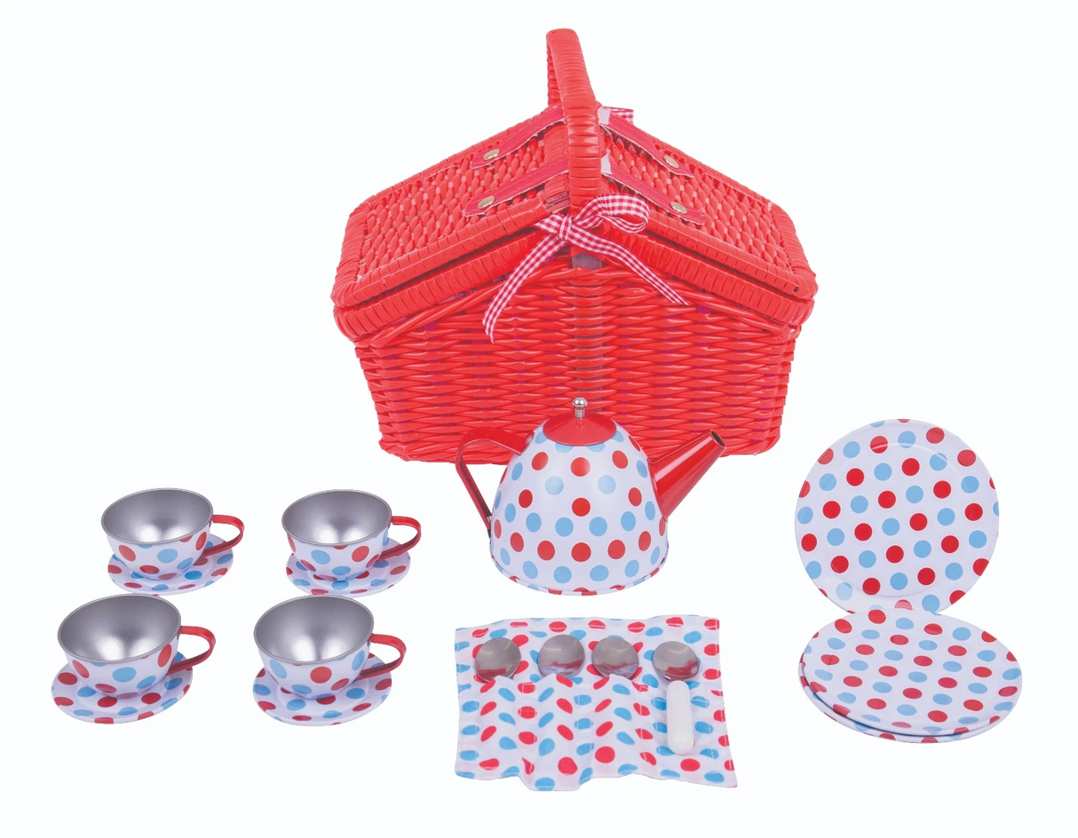 Bigjigs Toys Pretend Spotted Basket Tea Set