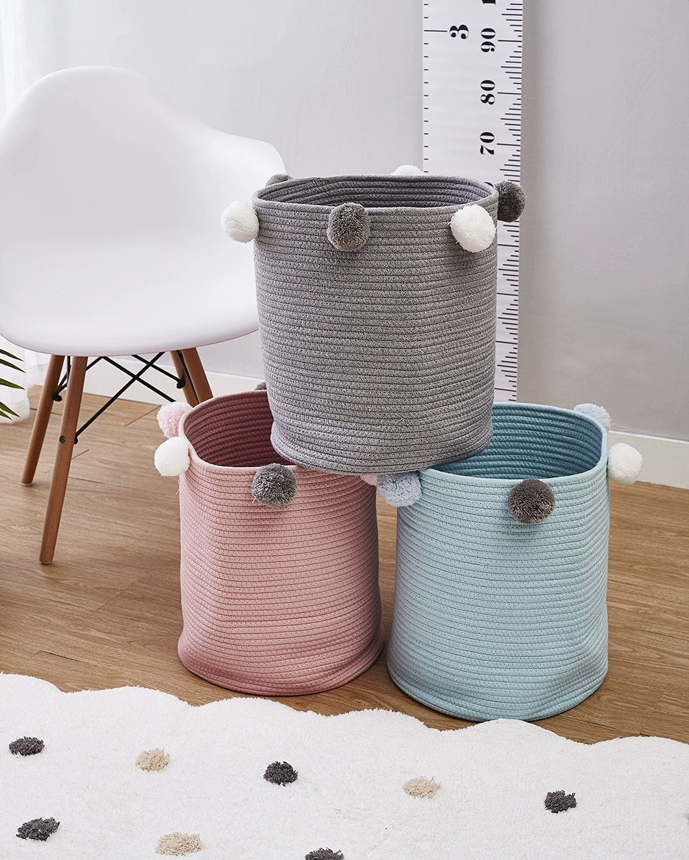 All 4 Kids Cotton Woven Storage Basket with Pom Poms - Pink