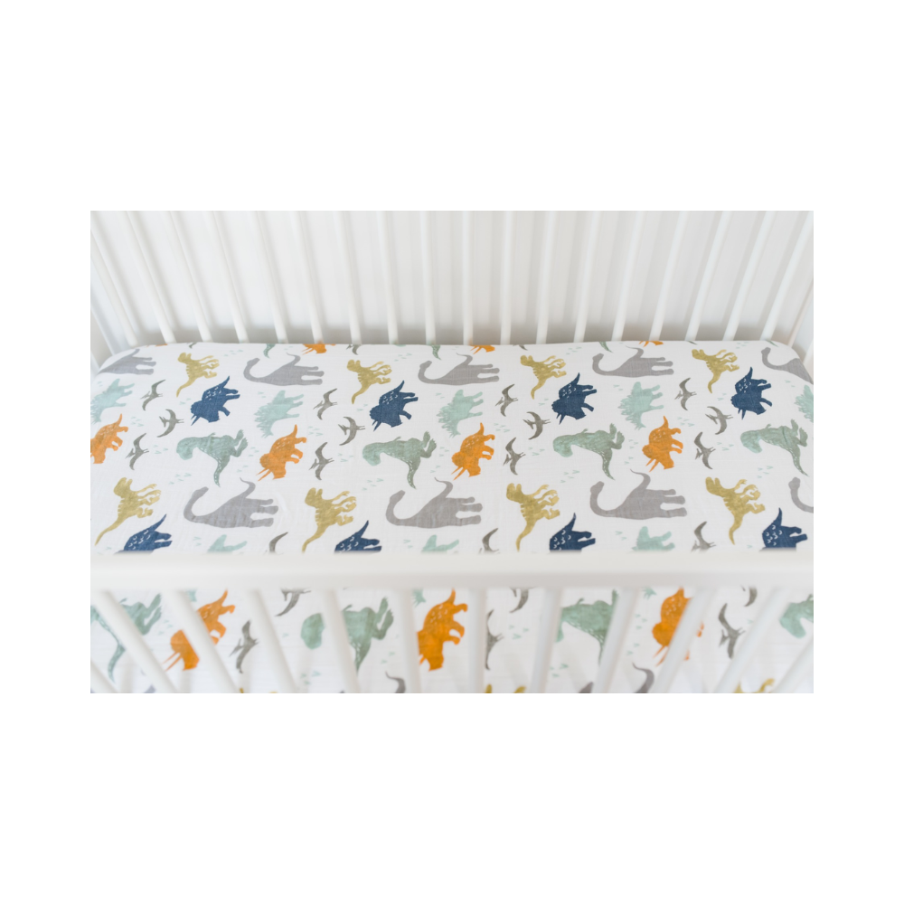 Little Unicorn Muslin Fitted Cot Sheet - Animals - Dino Friends