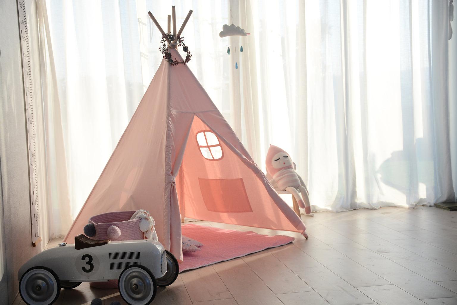 All 4 Kids Sofia Pink Cotton Canvas Kids Square Teepee Tent with Flag