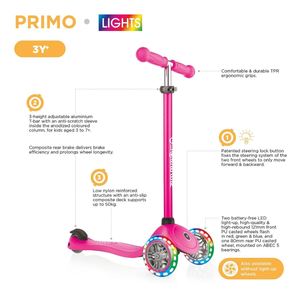 Globber Primo PLUS Scooter with Lights - Fuchsia Pink / Sky Blue