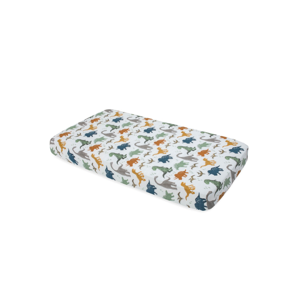 Little Unicorn Muslin Fitted Cot Sheet - Animals - Dino Friends
