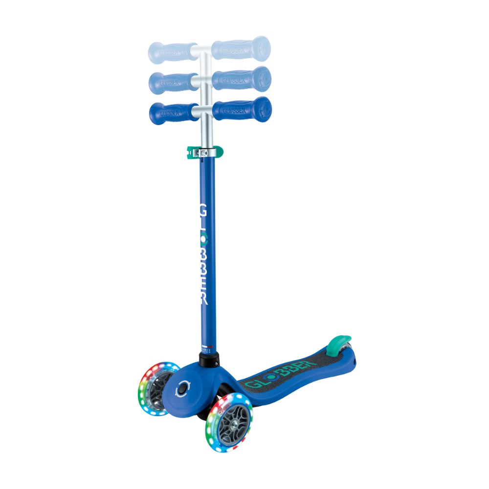 Globber Primo V2 Scooter with Lights and Griptape - Navy Blue/ Emerald Green