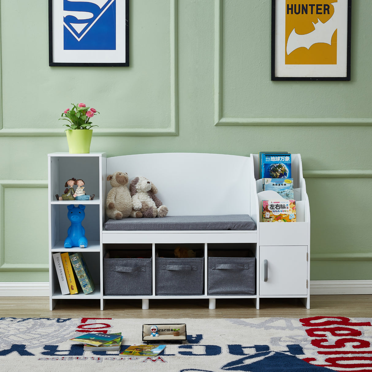 All 4 Kids Theodore White Book Case with Storage and Cushion