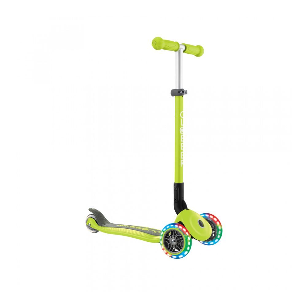 Globber Primo Foldable Scooter with Light and Anodized Tbar - Lime Green/Khaki Green