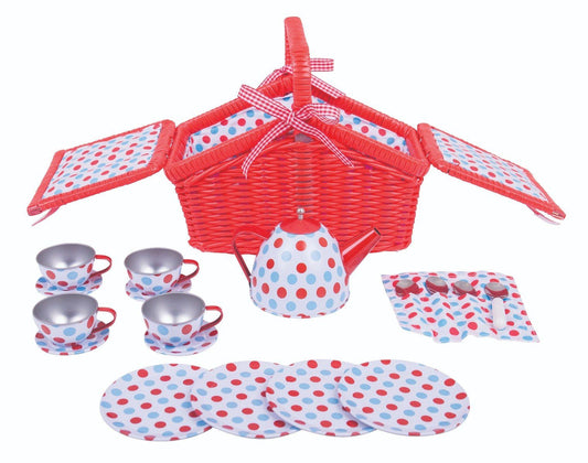 Bigjigs Toys Pretend Spotted Basket Tea Set
