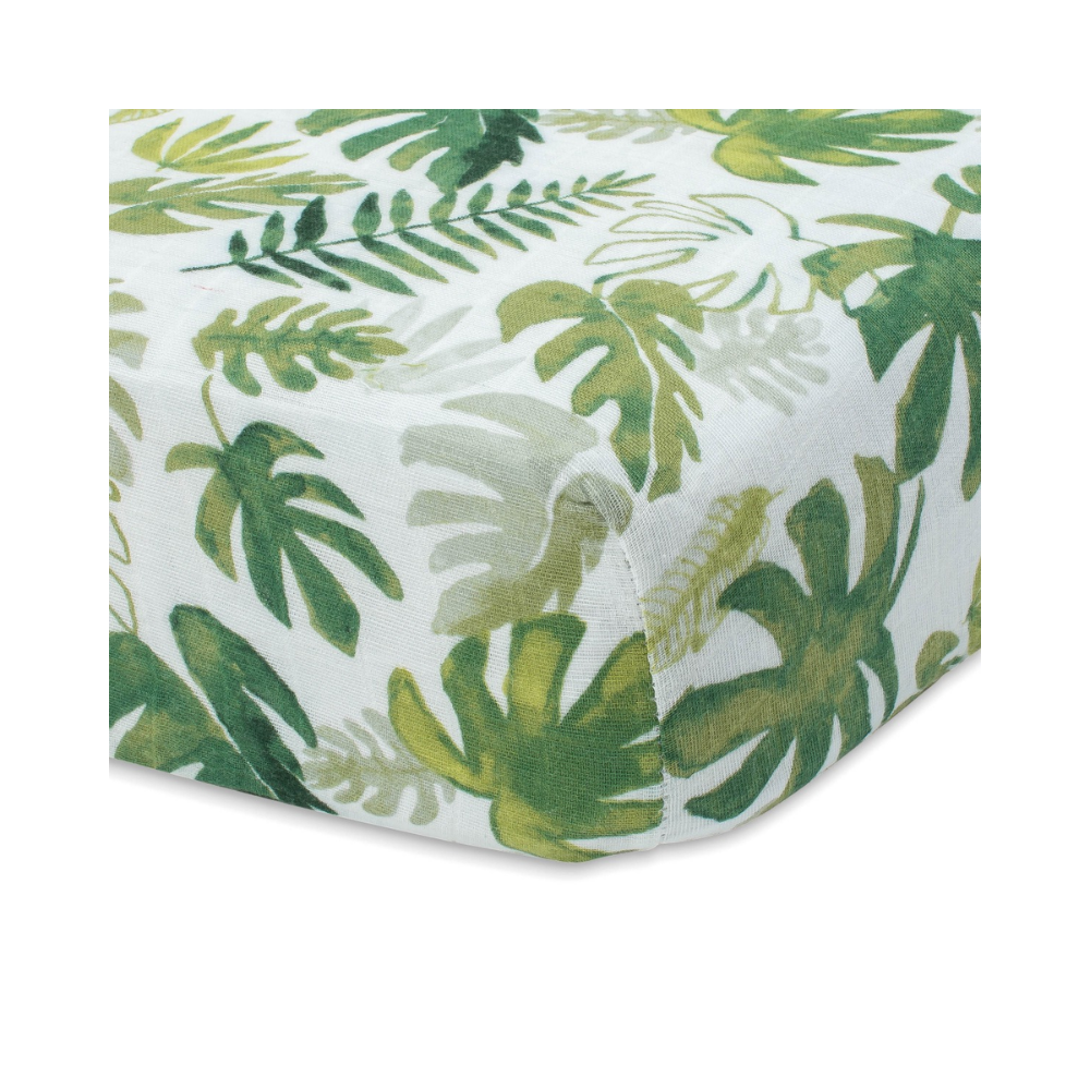 Little Unicorn Muslin Fitted Cot Sheet - Tropical Leaf