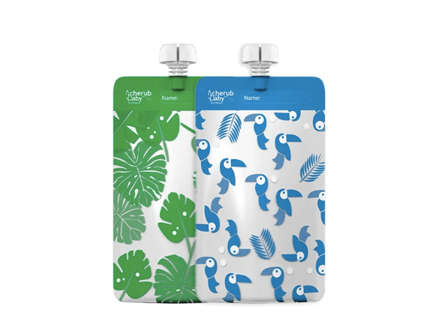 Cherub Baby On the Go Reusable Food Pouch Minis - Toucan Blue & Rainforest Green 10pk