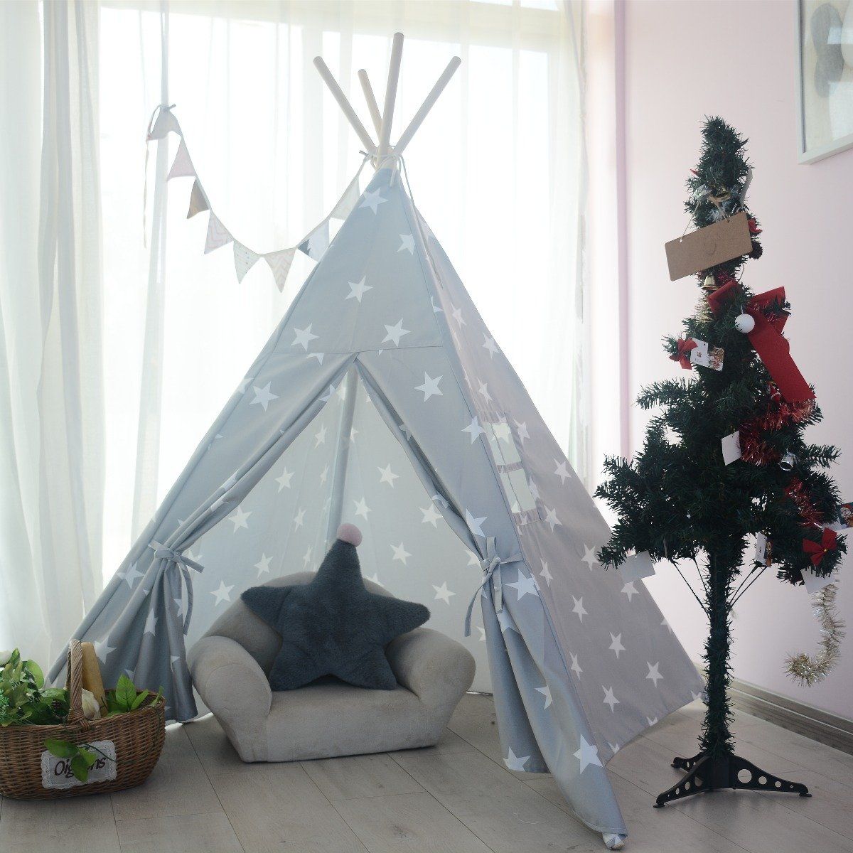 All 4 Kids Ethan Cotton Canvas Kids Grey Star Square Teepee Tent