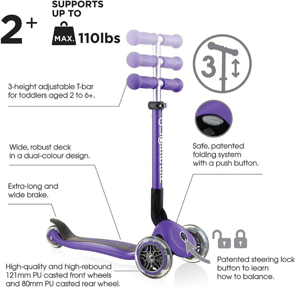 Globber Junior Primo Foldable Scooter with Fantasy Light - Violet
