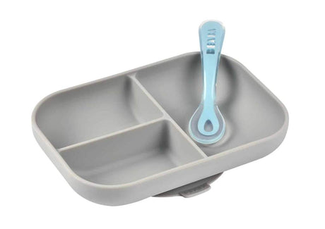 Beaba Silicone Suction Divided Plate & Spoon - Grey