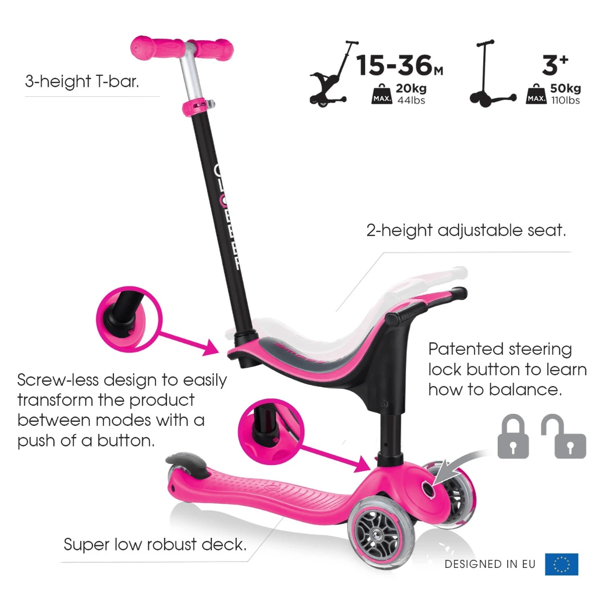 Globber Go Up Sporty Convertible Scooter - Deep Pink