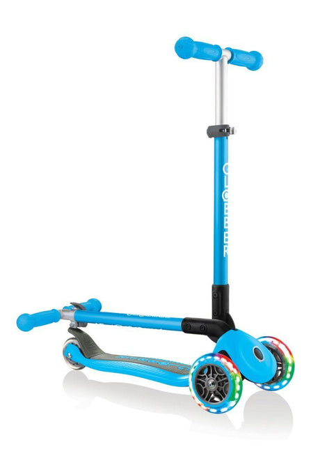 Globber Primo Foldable Scooter with Light and Anodized Tbar - Sky Blue