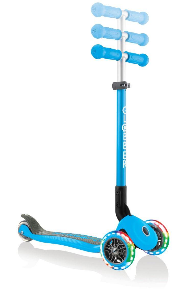 Globber Primo Foldable Scooter with Light and Anodized Tbar - Sky Blue