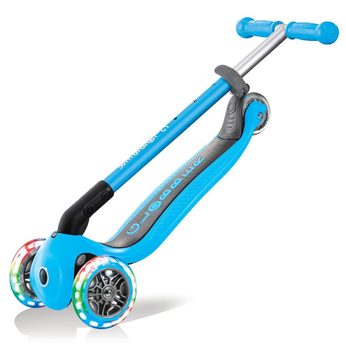 Globber Primo Foldable Scooter with Light and Anodized Tbar - Sky Blue