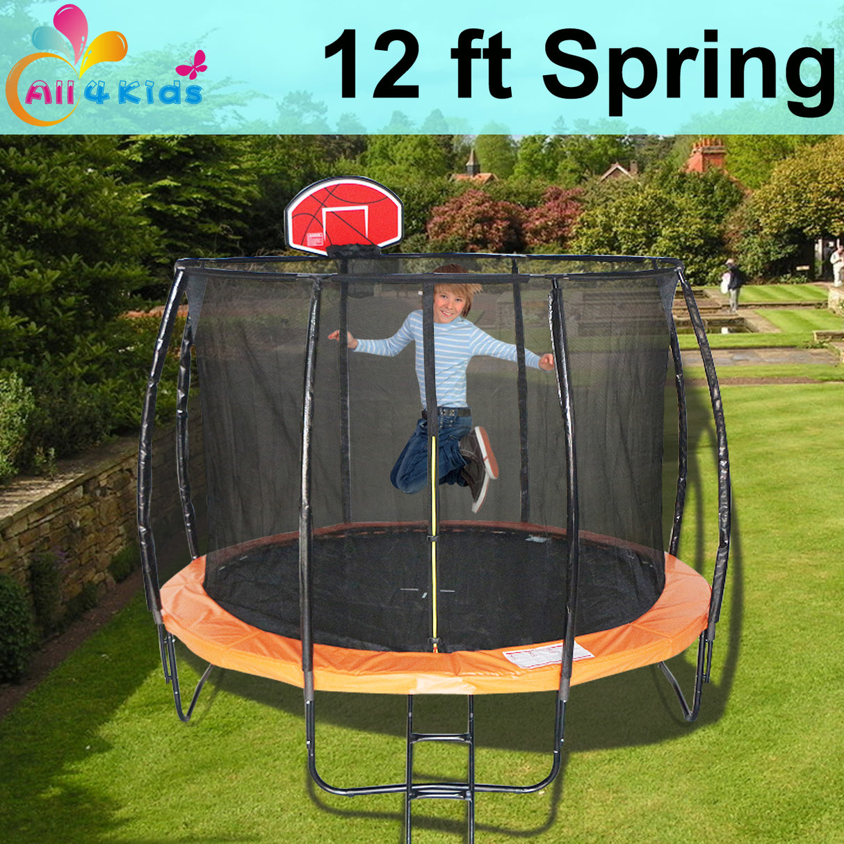 ALL 4 KIDS 12 FT Jump Zone Spring Trampoline with Basketball Board