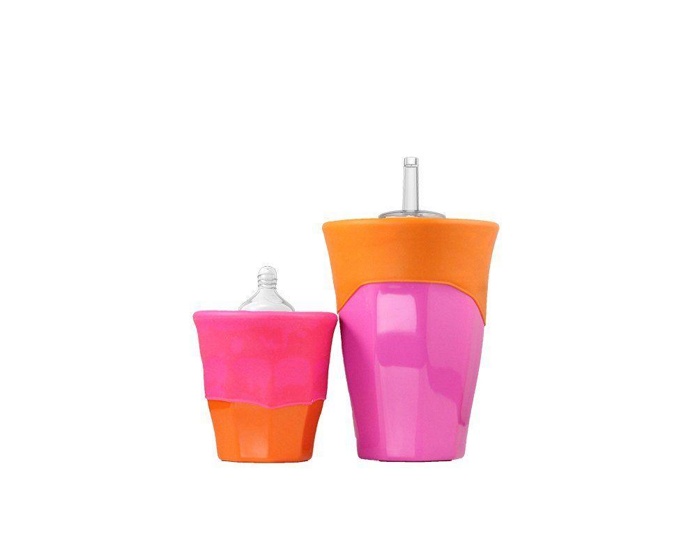 Cherub Baby Sippy, Straw and Teat Universal Silicone Stretch Lid Kit – Pink Orange